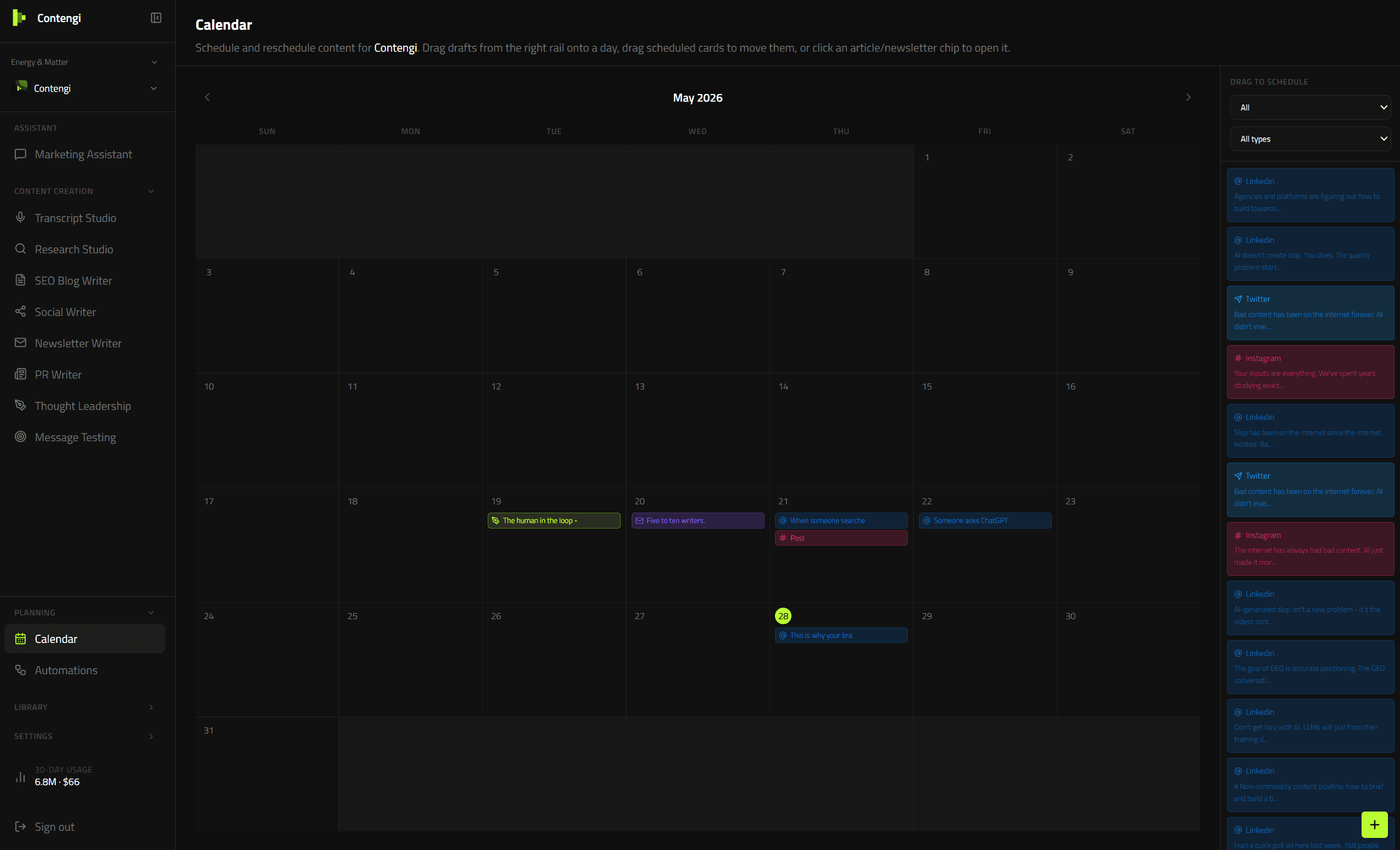 The Contengi content calendar showing scheduled LinkedIn, Twitter and Instagram posts across the month