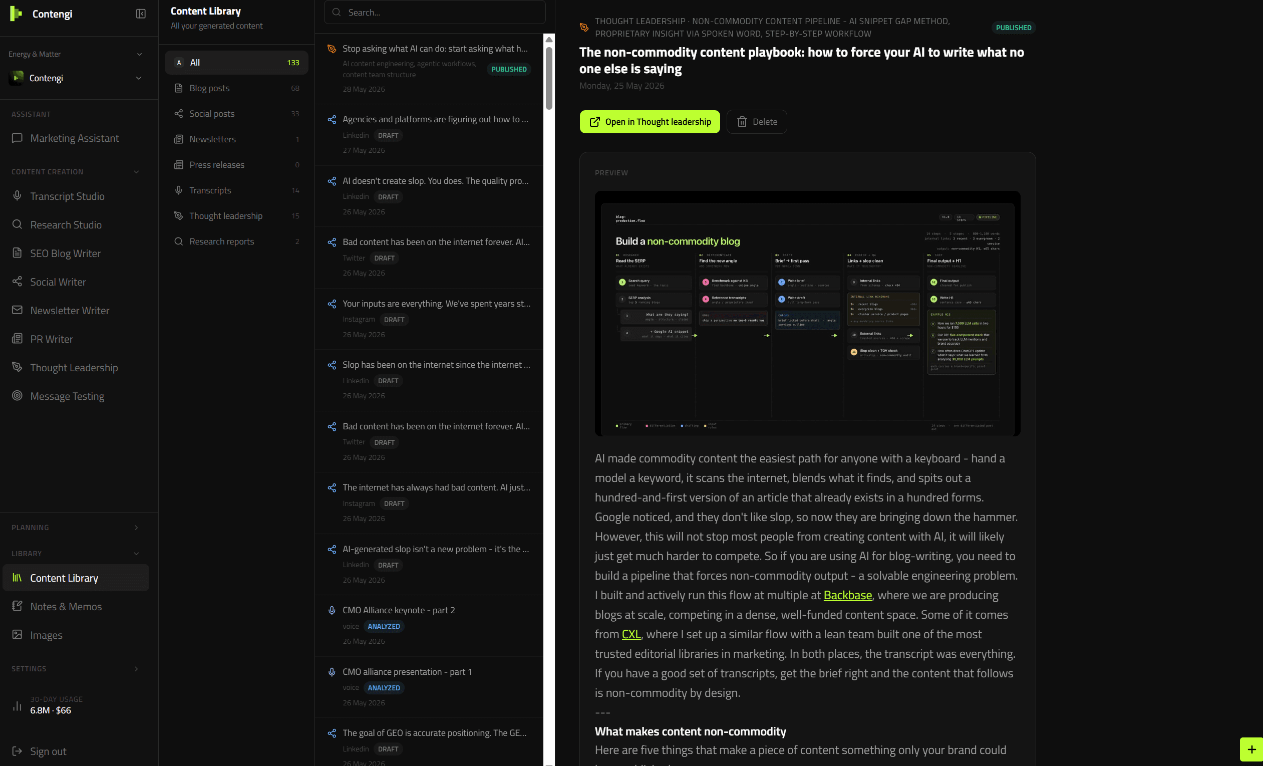 The Contengi content library showing every blog, social post, newsletter and PR draft in one operational view
