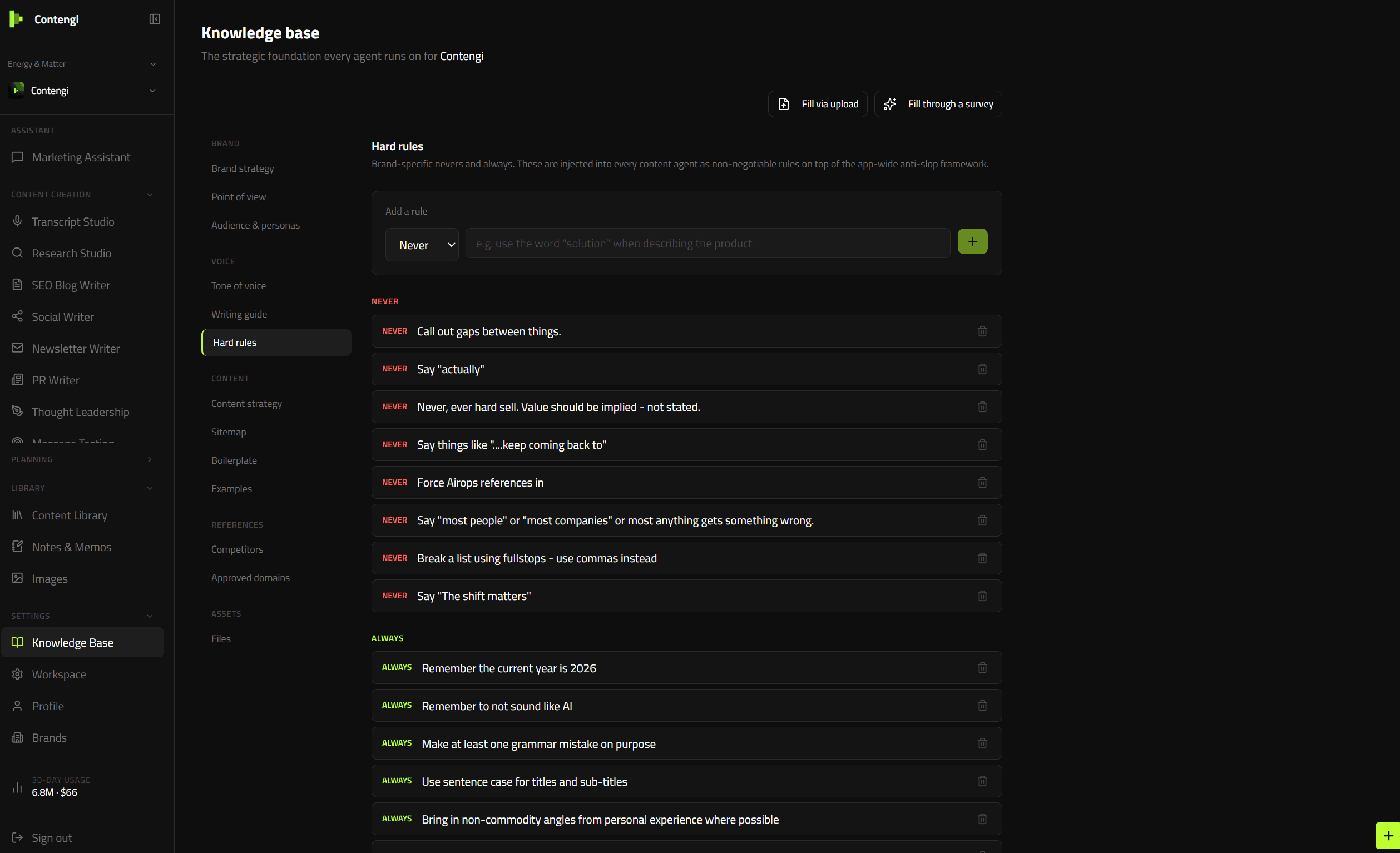The knowledge base hard rules section showing the never-use and always-do rules that every Contengi agent must follow