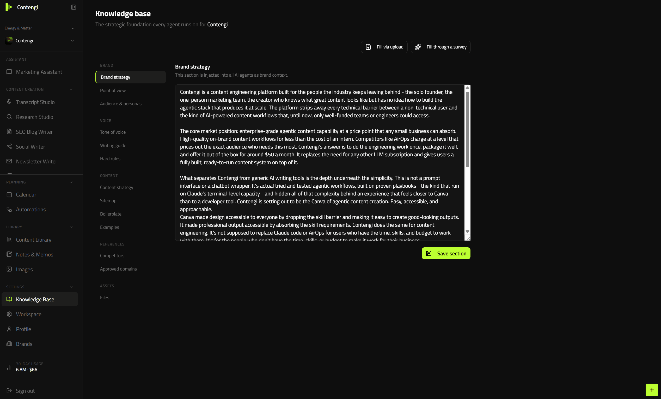 The Contengi knowledge base showing brand strategy, tone of voice, audience, content strategy and rules organised as injectable sections