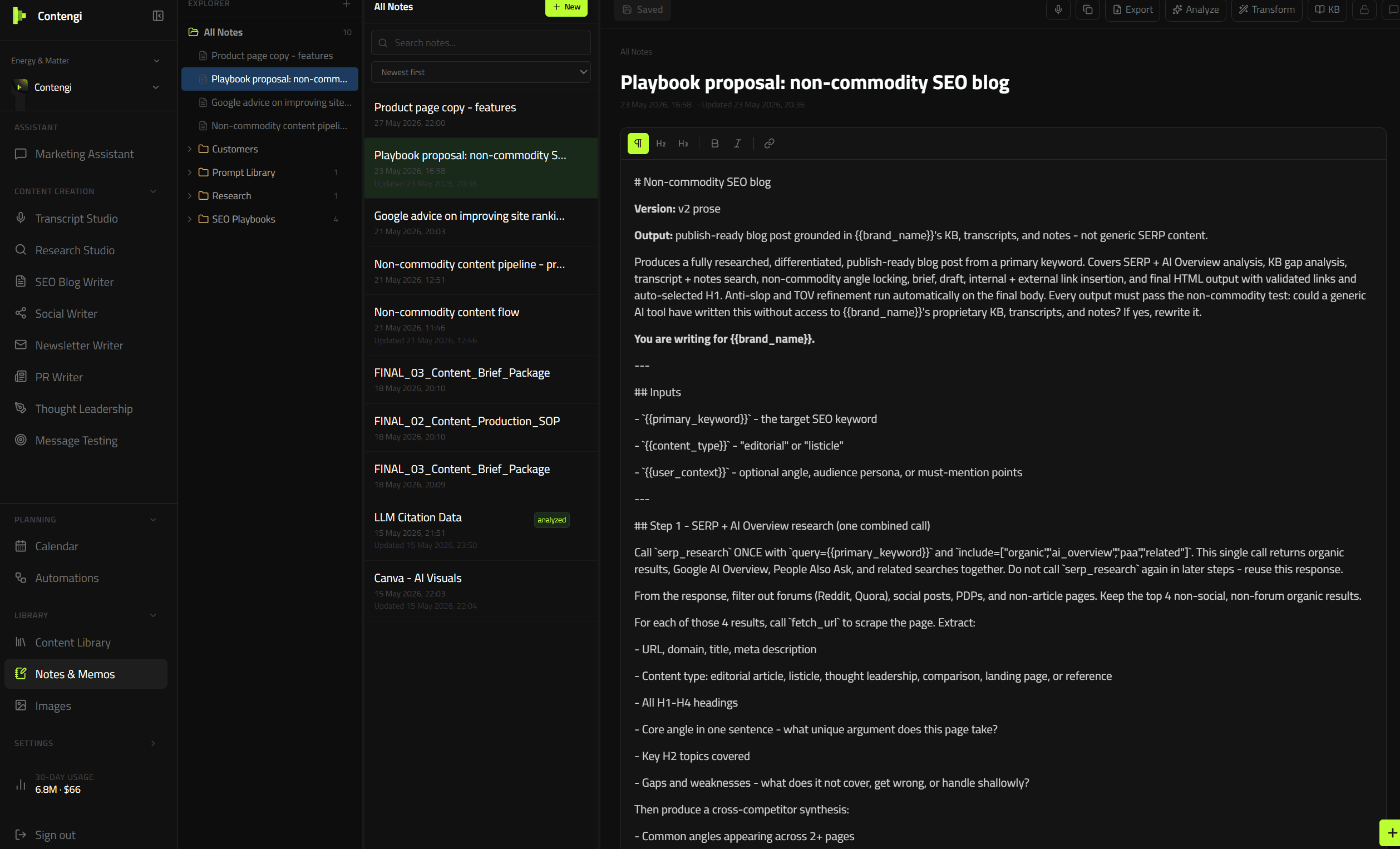 The Contengi notes view showing folders for All Notes, Customers, Prompt Library, Research and SEO Playbooks with a playbook proposal open in the editor