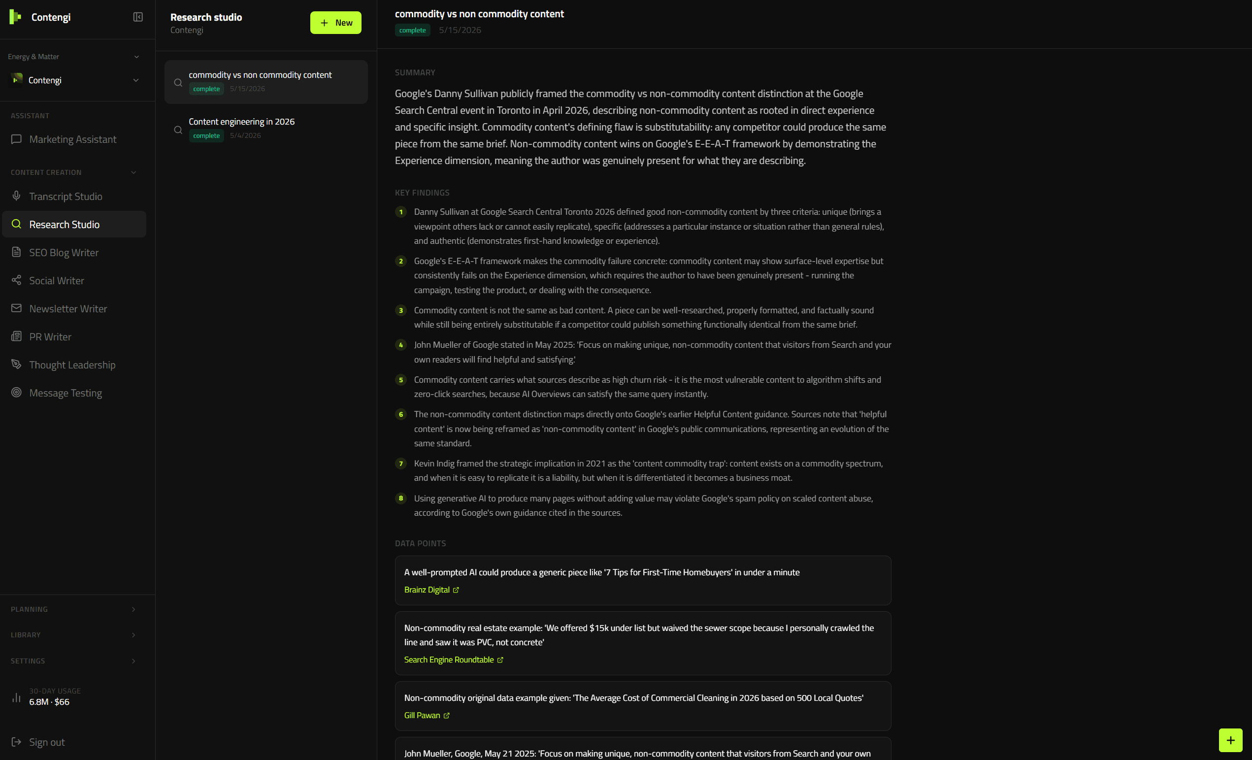 The research studio producing a structured analysis with key findings and source citations from a single research request