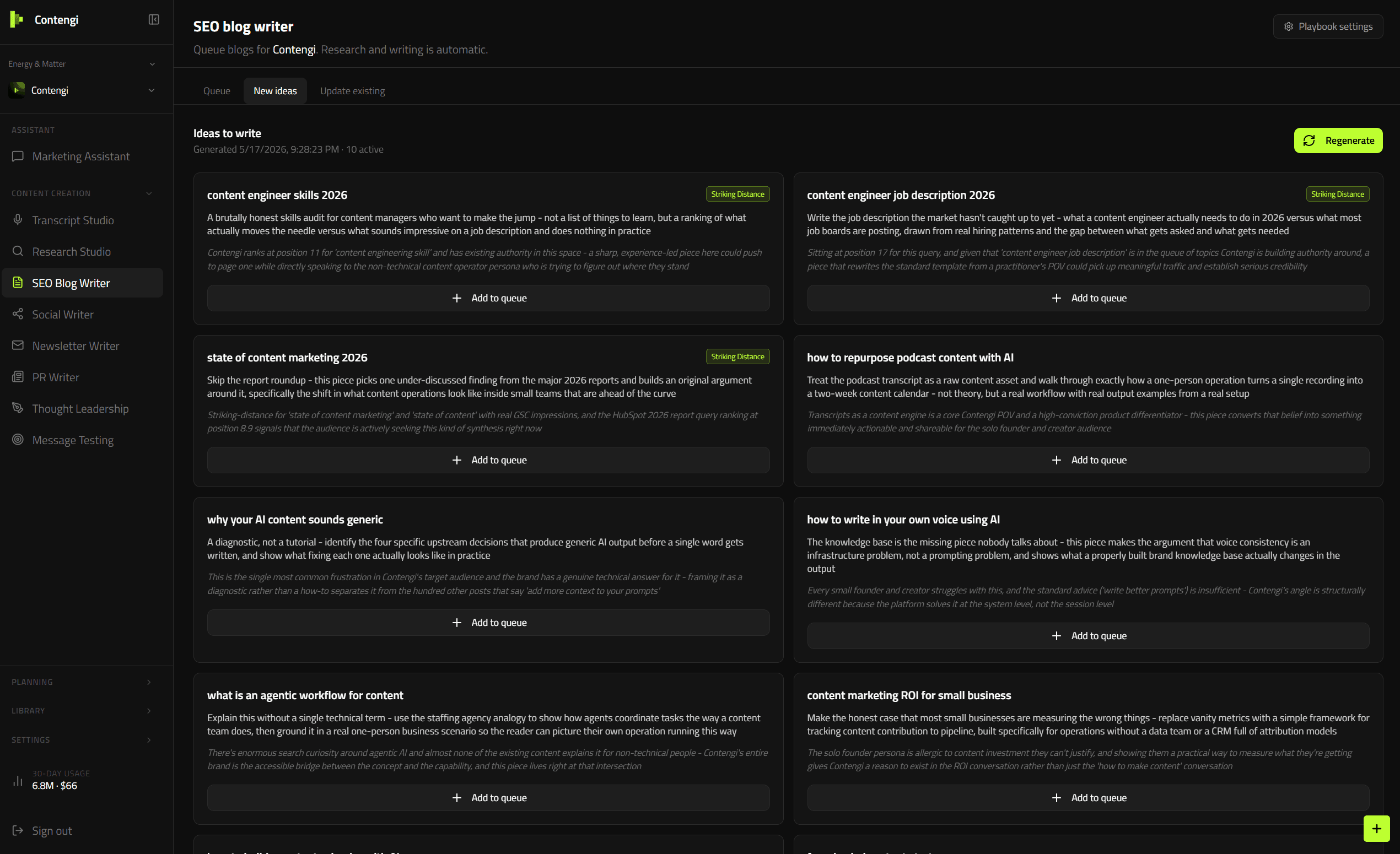 The SEO blog writer surfacing striking-distance keyword opportunities ready to queue, grounded in real Search Console data